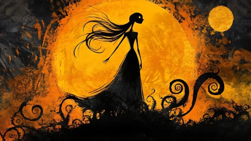Silhouette girl under burning orange moon with dark tendrils.