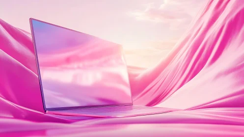 Ultraslim laptop on glossy pink fabric under pastel sky.