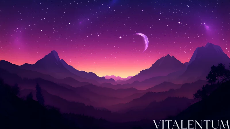 Stylized crescent moon above layered mountain silhouettes at dusk