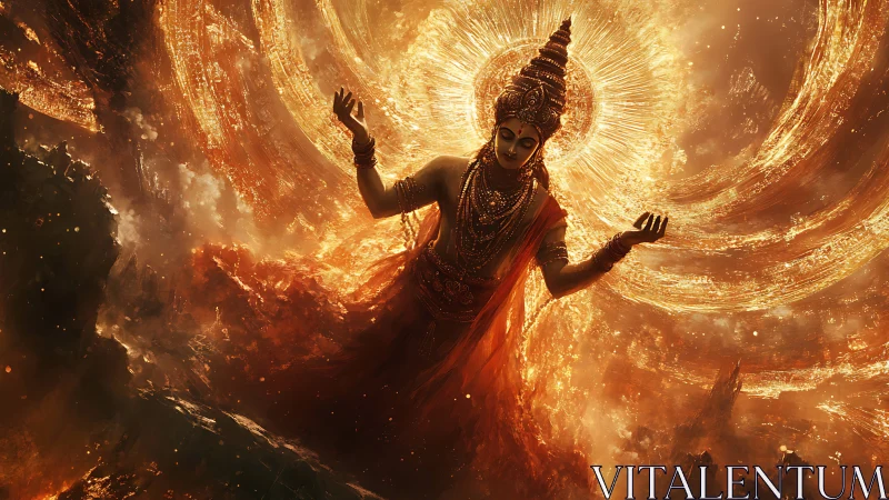 Cosmic deity suspended in incandescent stellar vortex field.