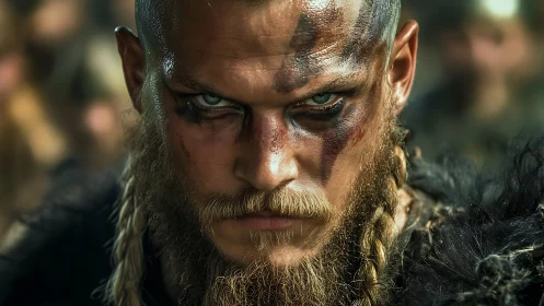 Battle-hardened Viking warrior portrait with scarred warpaint and braids