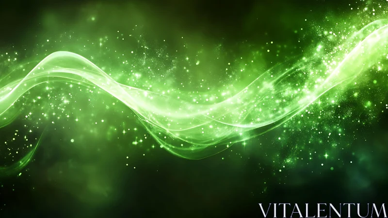 Vibrant Green Light Wave with Sparkling Particles, Abstract Digital Art.