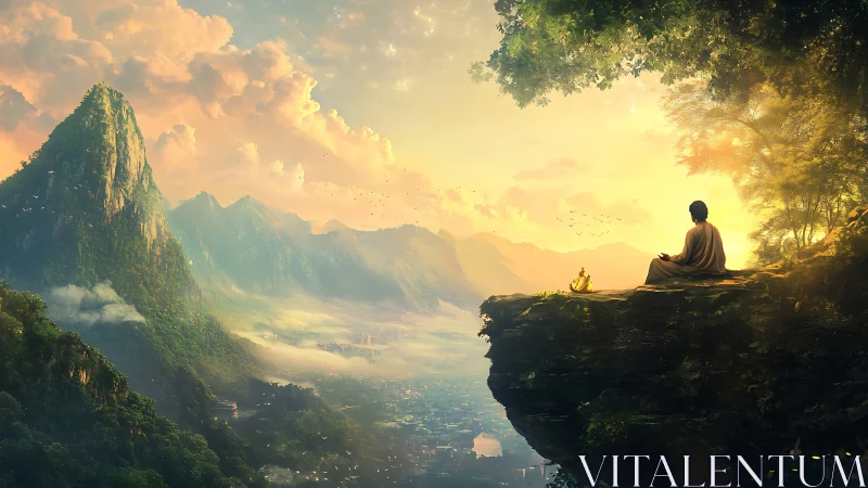 Monk meditates on cliff above misty valley at sunrise