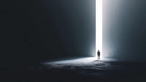 Solitary human silhouette at vertical luminous portal threshold.