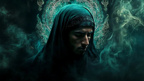 Mystic robed figure stands in swirling teal smoke and light