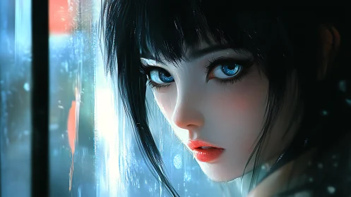Blue-eyed girl gazes through rainy window in neon glow