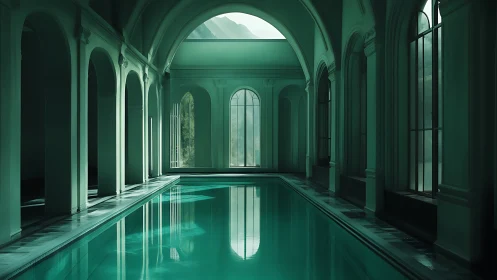 Emerald-lit indoor pool beneath arched classical vaults.