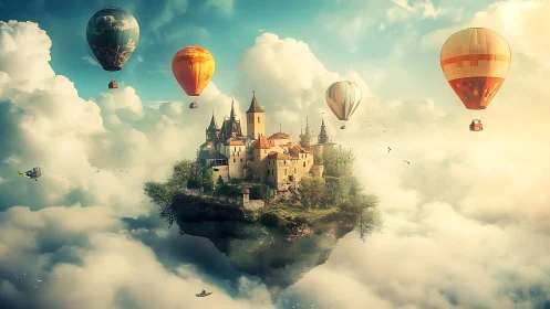 Floating island castle surrounded by hot air balloons