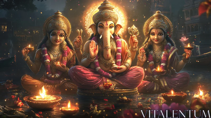 Radiant river trinity of Ganesha and goddesses in diya glow.