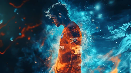 Footballer engulfed in dynamic blue and orange energy flames.