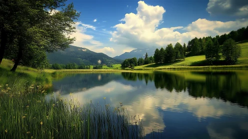 Calm reflective lake with trees, meadows and distant hills.