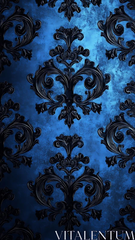Ornate black damask pattern on textured blue background.