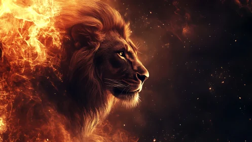 Majestic lion profile rendered in fiery cosmic digital painting