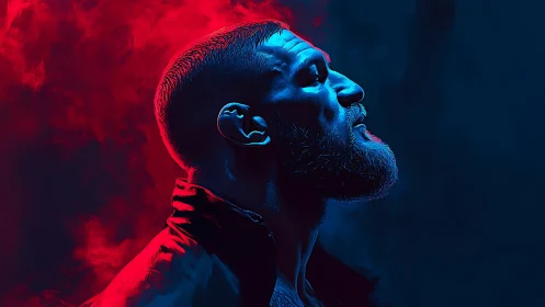 Profile portrait of bearded man in red and blue lighting
