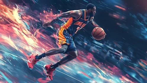 Basketball player drives forward in dynamic digital artwork.