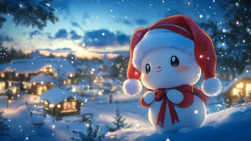 Cartoon snowman in Santa hat on snowy village slope.