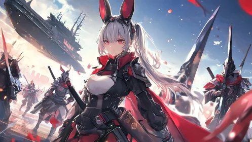 Crimson vanguard captain stands beneath a drifting warship.