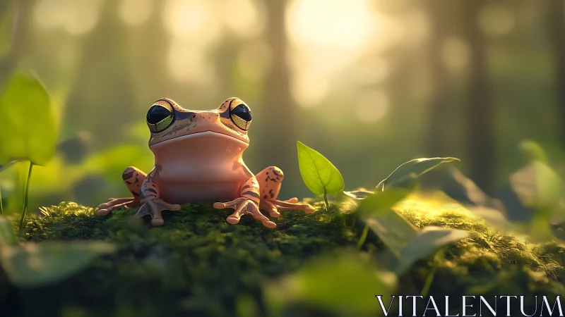 Tree frog on mossy forest floor in shallow depth of field.