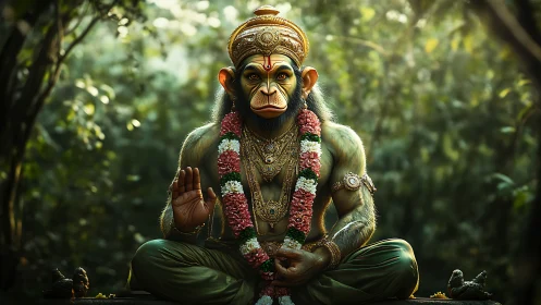Divine simian deity seated in garlanded forest sanctum.