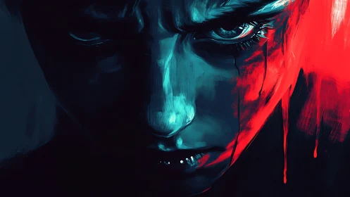 Brooding face glows in cyan light against bleeding red shadow