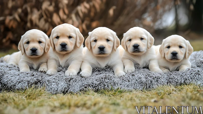 Golden retriever puppies aligned on textured outdoor blanket