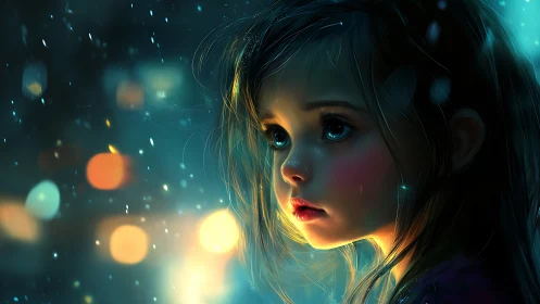 Little dreamer gazing through glowing night city lights.