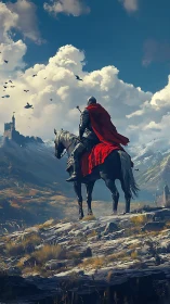 Armored rider surveying mountain stronghold under turbulent clouds.