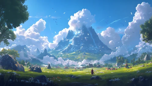 Sunlit valley village resting beneath a shimmering peak.