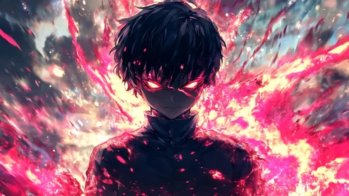 Dark anime figure radiates explosive crimson energy field