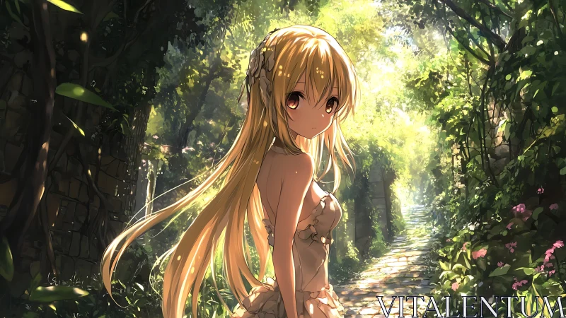 Anime girl illuminated by dappled sunlight in verdant ruin corridor