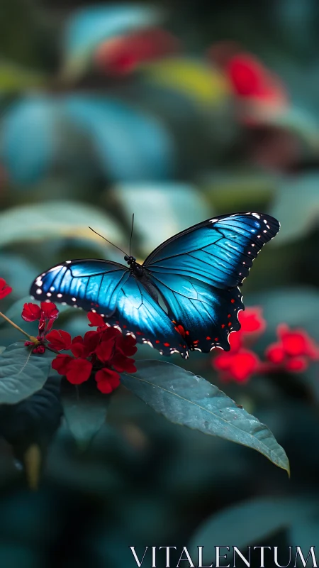 Blue butterfly resting on red flowers in soft focus garden.