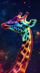 Neon cosmic giraffe stretches through glowing starfield.