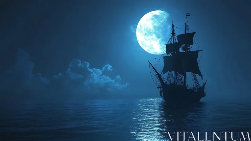 Moonlit tall ship silhouette on misty nocturnal seascape.