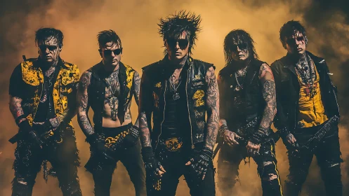 Tattooed rock band stands in smoky golden stage haze.