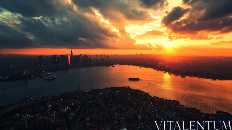 Sunlit river horizon cutting through glowing city skyline.