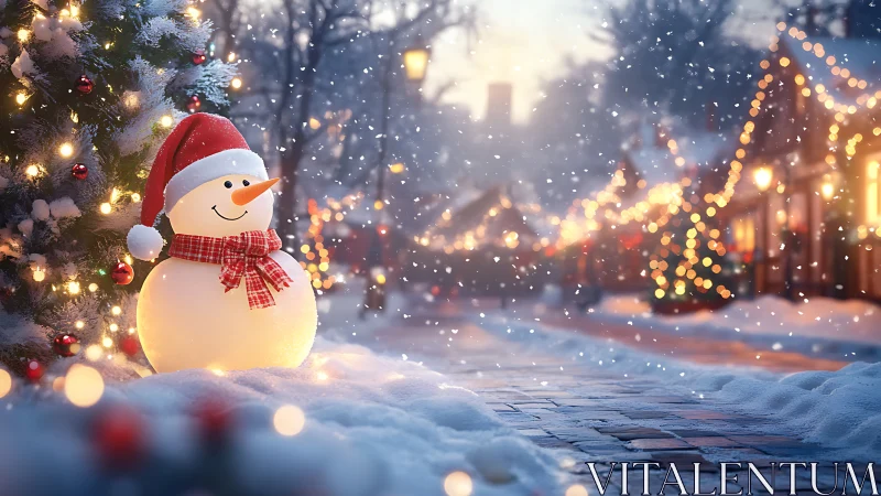 Smiling snowman decorates snowy street under warm lights