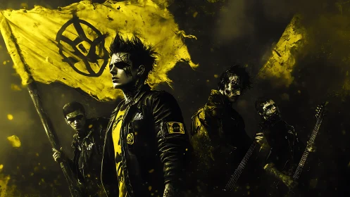 Band members with yellow flags in high contrast scene.