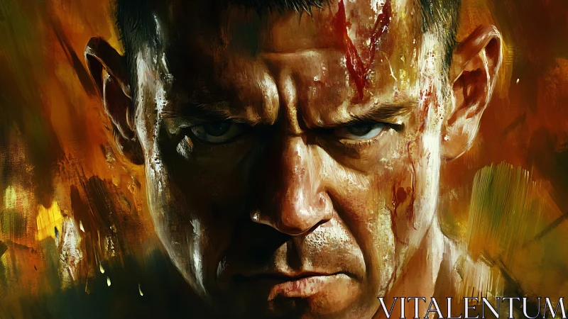 Battle-scarred warrior stares forward under burning light