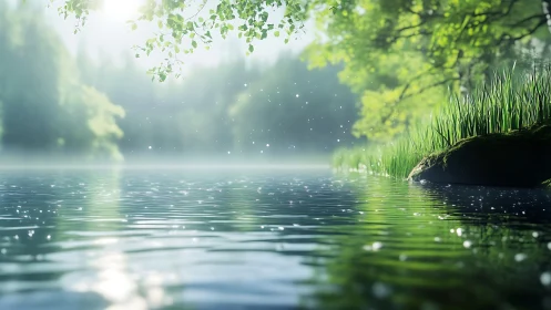 Sunlit forest lake surface renders atmospheric depth realistically