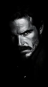 Moody low key portrait of intense bearded man in shadow.