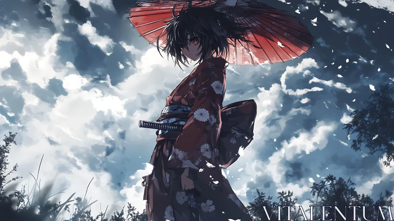 Samurai girl under crimson umbrella in storm-lit anime sky