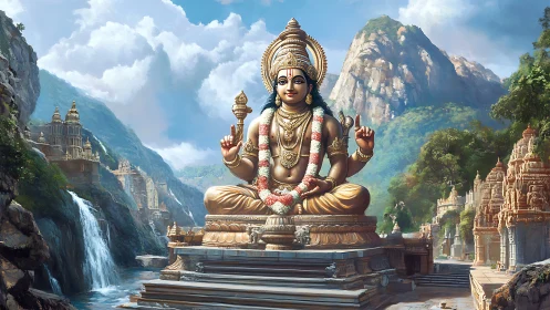 Digital rendering depicts seated deity amid detailed mountains