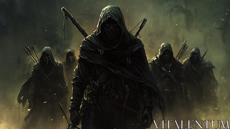 Hooded armed figures advancing through smoky landscape.