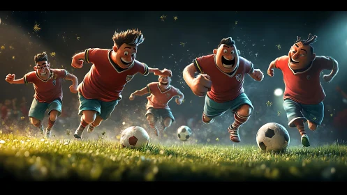 Cartoon footballers sprint under stadium lights in joyful play.