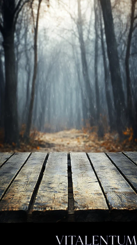 Wooden Boardwalk with Atmospheric Mist Through Dense Deciduous Forest Tunnel