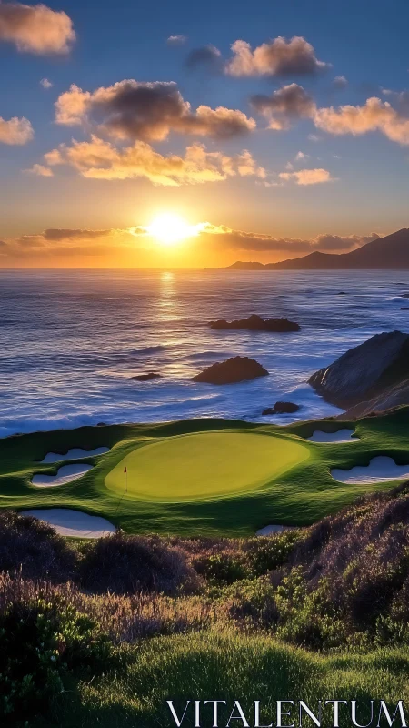 Sunset brushes a lonely oceanside green with molten gold