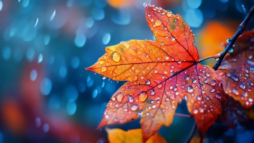 Autumn maple leaf glows under cool rain bokeh light.