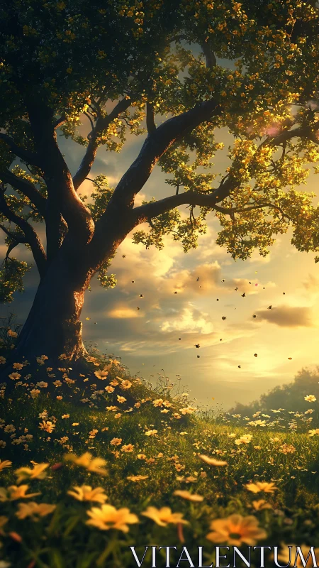 Sunlit meadow tree stands over field of yellow wildflowers