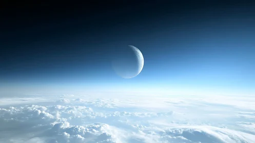 Quiet crescent moon drifts above cloud oceans at daybreak