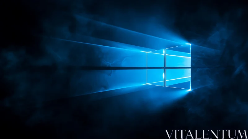 Glowing blue window logo beams through digital misty darkness.